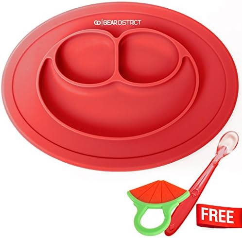 Baby Silicone Placemat, Non-toxic, Hypo-allergenic, Table Suction, FDA Approved, BPA-free, Dishwasher safe with Silicone Spoon and Teething Toy (Red)