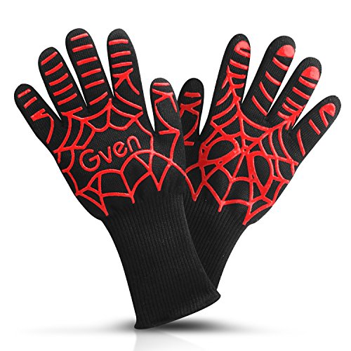 Gven BBQ Gloves, Extreme Heat Resistant Cooking Kitchen Mitts Non-Slip Grilling Gloves BBQ Fireplace Accessories with Cool Spider Design