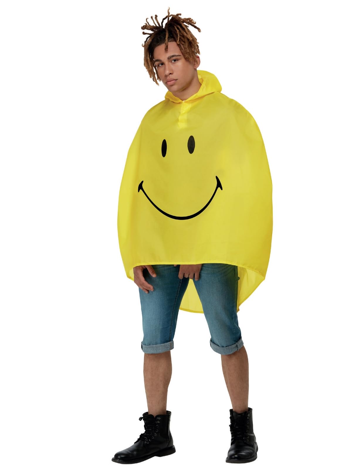 Smiffys Smiley Party Poncho in Yellow & Black Poncho & Drawstring Bag, Official Smiley License Costume Comes in Convenient Drawstring Pouch, Stay Dry & Stylish at Festivals.