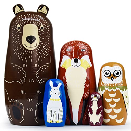 GRPSKCOS Russian Nesting Dolls Animal Bear Matryoshka Dolls Cute Handmade Wooden Toys Set of 5 for Kids（01 Bear）