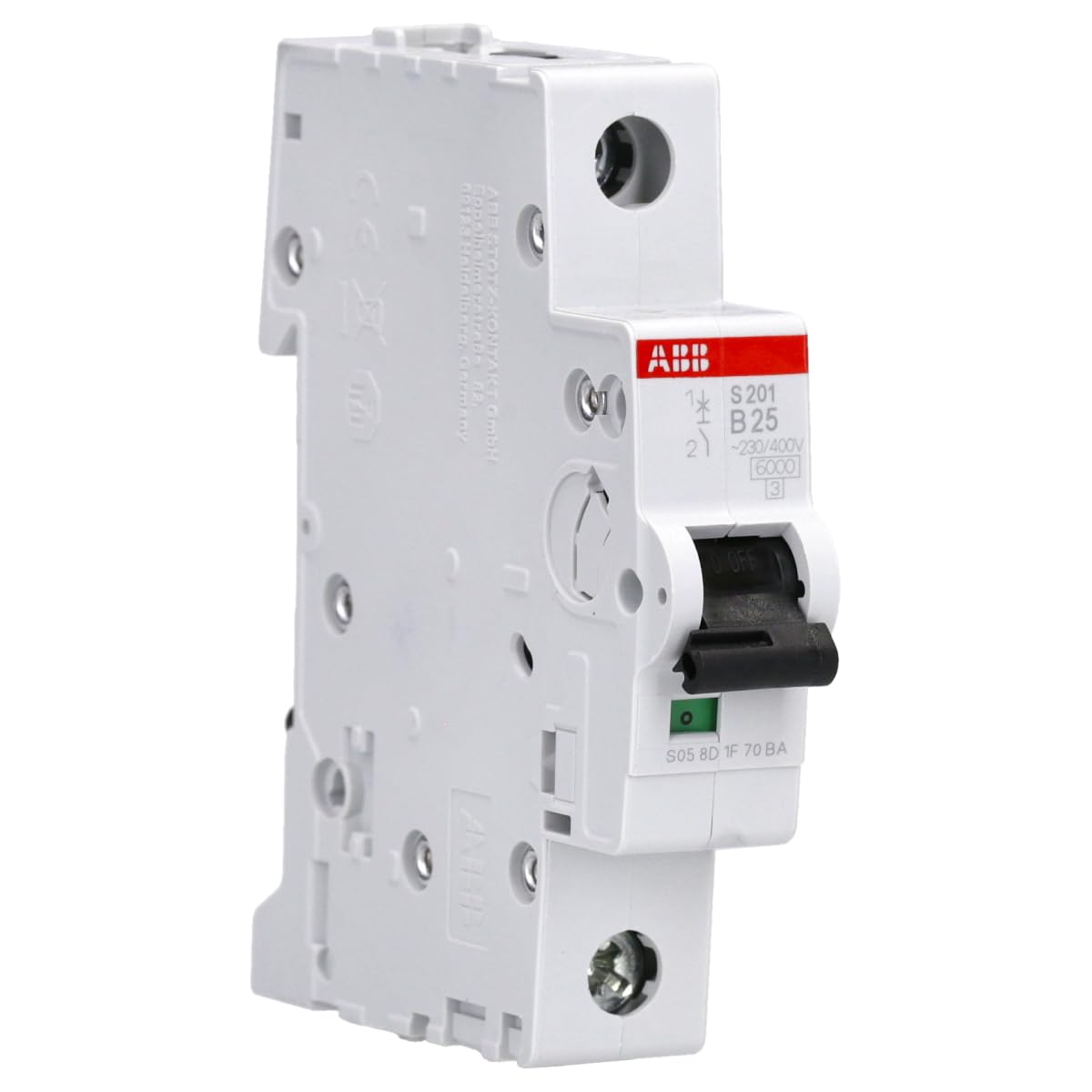 ABB S201-B25 Miniature Circuit Breaker, 1 Pole, Type B, 6/10kA Breaking Capacity, 25 Amp Current (2CDS251001R0255)
