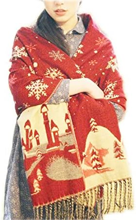 Wool Feel Christmas Tree Reindeer Snowflake Reversible Knit Wraparound Scarf Shawl