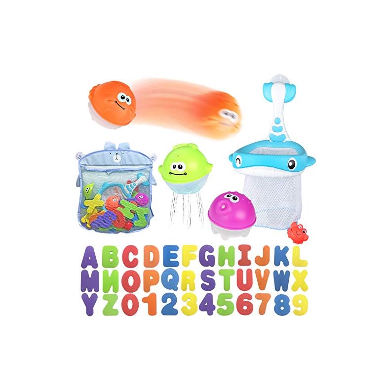 Bath Toy Sets, 36 Foam Bath Letters and Numbers, Floating Squirts Animal Toys Set with Fishing Net and Organizer Bag…