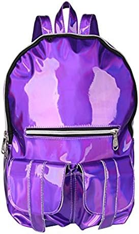 Girl's Boy's Holographic Laser PU Leather Backpack Travel Casual School Bag Multi-pockets(Purple)