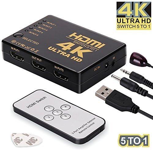 Redhilly HDMI Switch, Intelligent 5 Port 4K HDMI Switch Splitter Box with IR Remote, Support 4K Full HD1080p 3D (Black)