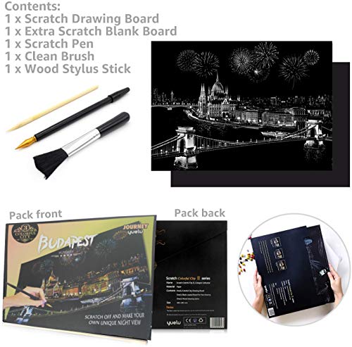 Scratch & Sketch Art Paper for Adults & Kids, Scratch Paper Rainbow Painting Sketch Pads DIY Art Craft Night View Scratchboard with Clean Brush,Scratch Coloring Pen,16 X 11.2 Inches (Budapest)