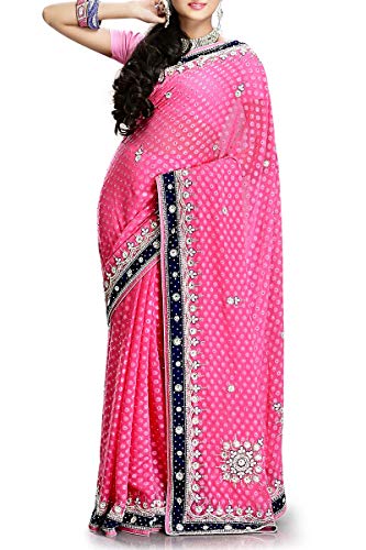 VinHem Fashion Exclusive Indian Ethnic Wear Designer Pink Chiffon Saree with Stone Work, Pearl Work