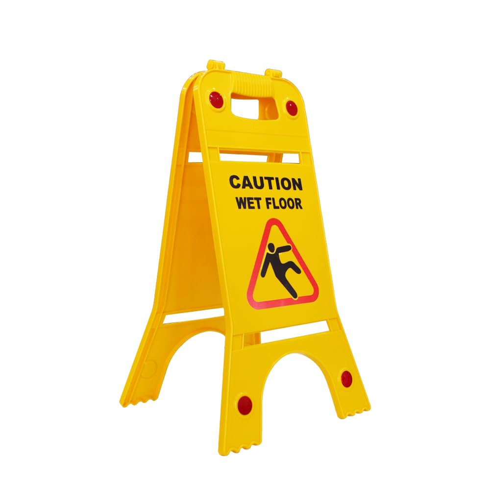 Caution Wet Floor Sign | Yellow Plastic Slippery Floor Warning Sign with Reflectors | 62CM Foldable Freestanding A-Frame Safety Sign for Offices, Restaurants, Hotels & Commercial Use
