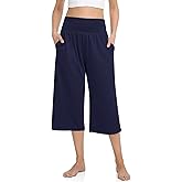 TARSE Womens Capris Lounge Yoga Pajama Cropped Pants Casual Wide Leg with Pockets Elastic Waist Workout Sweat Pants Summer