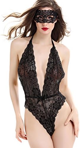 URMP Women Sexy Lingerie Deep V Halter Lace Bodysuit Teddy One Piece With Eyes Cover