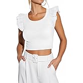 Ezbelle Women's Summer Crop Tank Tops Ruffle Shirts Ribbed Knit Clothes Sexy Sleeveless Tshirt Trendy Vacation Fit Blouse
