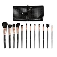 Makeup Brushes Face & Eyeshadow Brush Set + Faux Leather Makeup Bag - 12pc Professional Makeup Brush Set - Eye Shadow, Contour, Foundation & Concealer - Vegan & Cruelty-Free (Black) by Estala