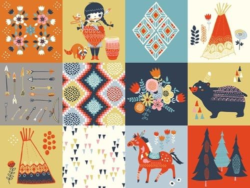 Patch - Wildland - Birch Fabrics - ORGANIC COTTON - MI-01 - Flowers Tepees Horses (Half Yard)