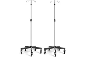 Konmee IV Poles with Wheels IV Stands 2 Hooks 5 Legs Rolling Base with Heavy Duty Stainless Steel, Adjustable Height, 2 PCS