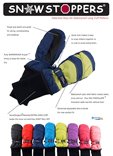 SnowStoppers Kid's Waterproof Stay On Winter Nylon Mittens Small / 1-3 Years Navy Blue/Lime Green - Thumbnail 3