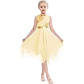 ELLYDOOR Praise Dance Tunic Dresses for Girls Gold Metallic Irregular Flowy Skirt Liturgical Worship Lyrical Dance Costume