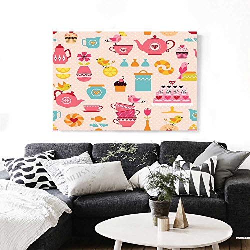Tea Party Wall Paintings Cute Tea Time Elements Funny Cartoon Birds Hearts Love Imagery Cake and Sugar Print On Canvas for Wall Decor 20"x16" Multicolor