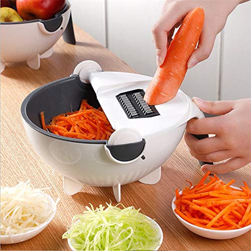 Rotate the Vegetable Cutter with Drain Basket 9 in 1 Slicer, Multi-functional Magic Kitchen Veggie Fruit Shredder Grater Slicer