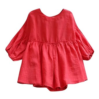 OverDose Damen Casual Übergröße Unregelmäßige Mode Lose Leinen Kurzarm Shirt Vintage Bluse Fest Hemd Lang Tank Tops T-Shirt F