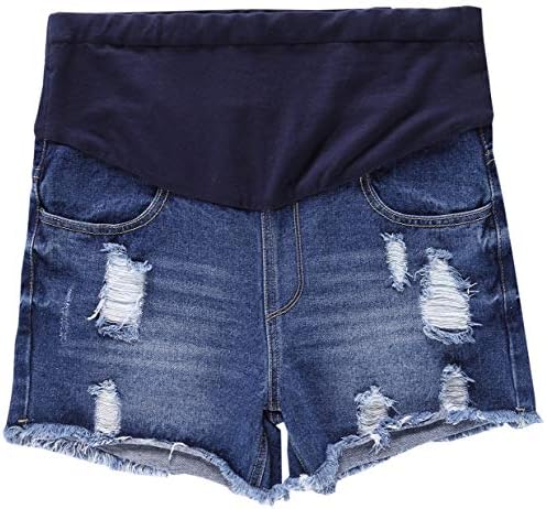 Ameyda Womens Women's Maternity Denim Jean Shorts Distressed Ripped Hole Lounge Shorts Pregnancy Short Pants, Dark Blue, 6 = Tag XL