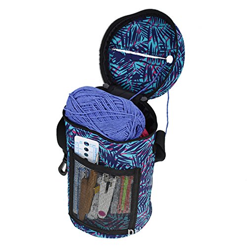 Vpang Portable Knitting Yarn Bag Round Tote Bag Crochet Hooks Needles Yarn Organizer Storage Bag Wool Skeins Yarn Ball Holder with Shoulder Strap, Blue (Medium)