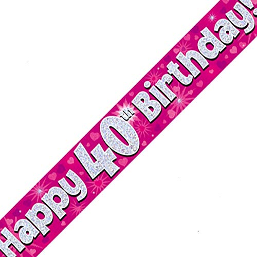British Ballet® 40th Birthday Banner Pink (2.7m x 13cm) • Holographic Party Decoration • Age 40 Foil Pennant • Birthday Foil Pennant for Women • Garland with 3 x 90cm Sections • Indoor & Outdoor Use
