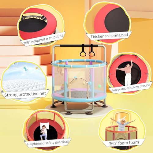 5-in-1 Toddler Trampoline for Kids, Upgrade 60"Trampoline for Toddler Indoor Outdoor, Trampoline with Safety Enclosure Net and Swing, Ocean ball, Children's sandbag