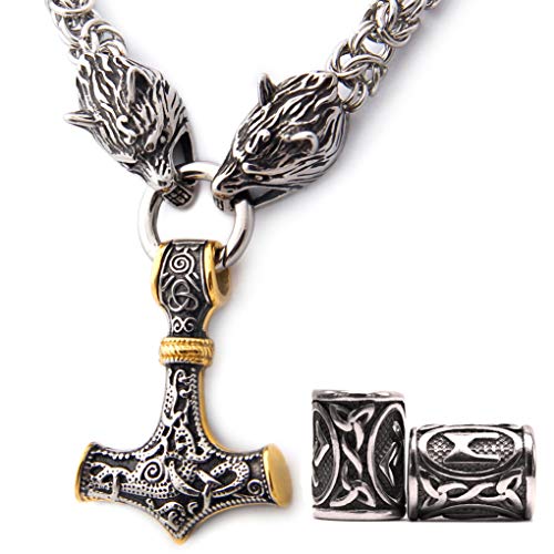 GUNGNEER Thor's Hammer Pendant Mixed Gold Color Viking Mjolnir Necklace for Men with Wolf Head, 316L Stainless Steel Bonus 2 Rune Beads (28) - Thumbnail 6