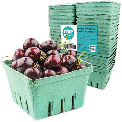 [44 Pack] Quart Green Molded Pulp Fiber Berry Basket Produce Vented Container for Fruit and Vegetable, Farmer Market, Grocery Stores and Backyard Party