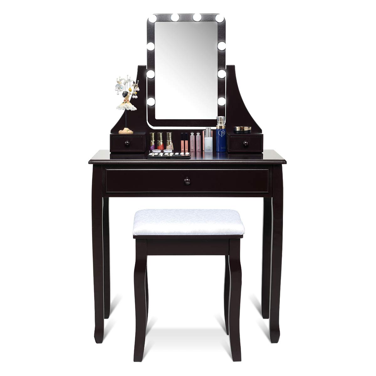 CHARMAID Vanity Set with Lighted Mirror, Makeup Dressing Table with 10 LED Dimmable Bulbs, Touch Switch, 3 Drawers 2 Dividers, Modern Bedroom Makeup Table with Cushioned Stool for Women Girls (Brown)