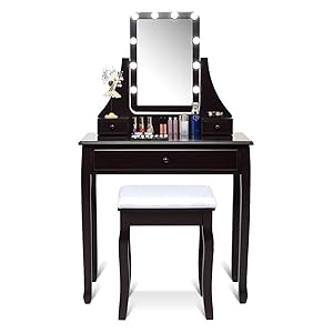 CHARMAID Vanity Set with Lighted Mirror, Makeup Dressing Table with 10 LED Dimmable Bulbs, Touch Switch, 3 Drawers 2 Dividers, Modern Bedroom Makeup Table with Cushioned Stool for Women Girls (Brown)