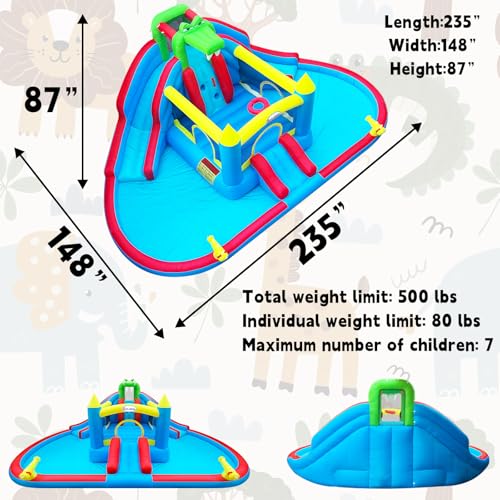 Rolonal Inflatable Bounce House with Water Slides, Double Ball Pit/Water Pool, Crocodile Styling, Climbing Wall, Outdoor Kids Bouncy Castle with Air Blower
