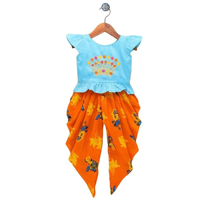 Kid1 By Hopscotch Baby Girls Silk Crown Embroidered Kurta With Printed Dhoti Set in Blue Color