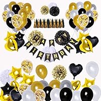 BRT Black and Gold Party Decorations(90Pcs) Happy Birthday Banner Star Heart Foil Balloons 18th 20th 30th 40th 50th 60th 70th Birthday Decorations Birthday Balloons