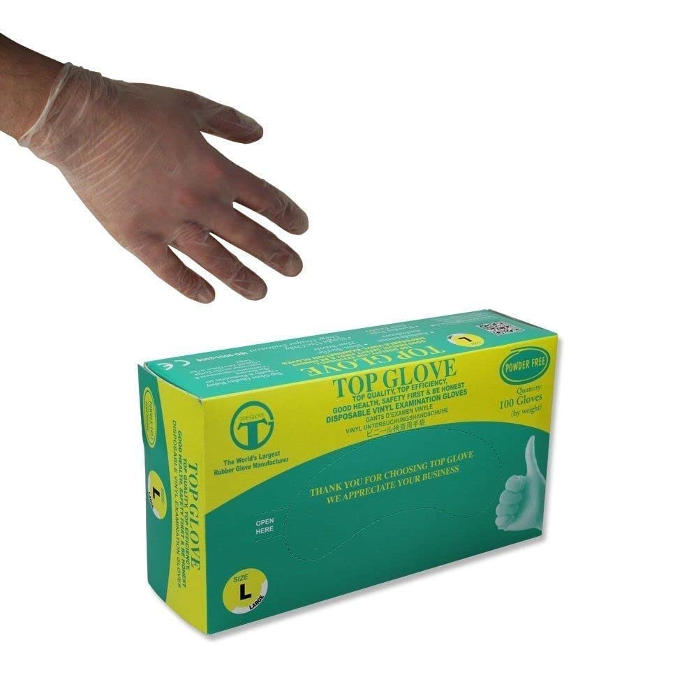 Top Glove Powder Free Disposable Vinyl Gloves - AQL 1.5 - Box of 100 (Large)