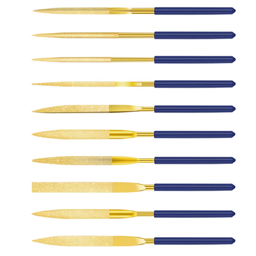Dylan-EU Diamond Needle File Set 10 pcs Mini Modelling Files 140 mm Diamond File for Metal Plastic Glass Wood Jewelry Rough Carving - Gold & Blue