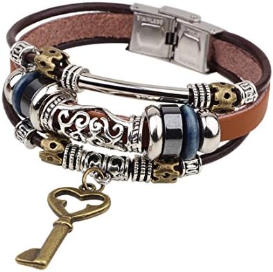 Lock and Key Couples Bracelet Beaded Multilayer Leather Cuff Handmade Metal Clasp