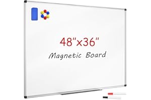 SunyesYoon Magnetic Dry Erase Whiteboard 48 x 36 Inch - 4 x 3 Large White Board, Silver Aluminum Frame Wall-Mounted, Magnetic Eraser, 2 Pen, Detachable Marker Tray, 6 Magnets for Office, School