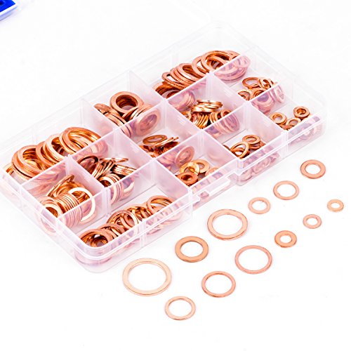 Migiwata Metric Round Solid Flat Copper Washer Ring Sump Plug Oil Seal Assorted Set of 280PCS in 12 Sizes M5-M20 with Reusable Plastic Case for Automotive and Small Engine Repairs