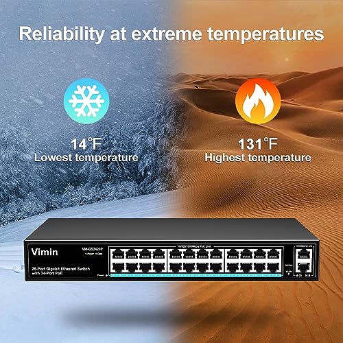VIMIN 24 Port Gigabit PoE Switch with 2 Gigabit Uplink Port, 26 Port Unmanaged PoE Ethernet Switch with 320W Power, IEEE802.3af/at Compatible, VLAN, Metal Housing