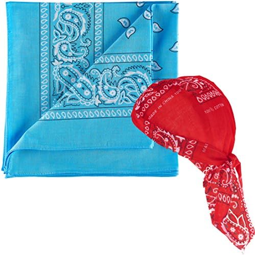 NJ Novelty - Light Blue Paisley Bandanas One Dozen- Head Wrap Scarf with One Pre-tied Paisley Bandana Biker Du Rag Skull Cap
