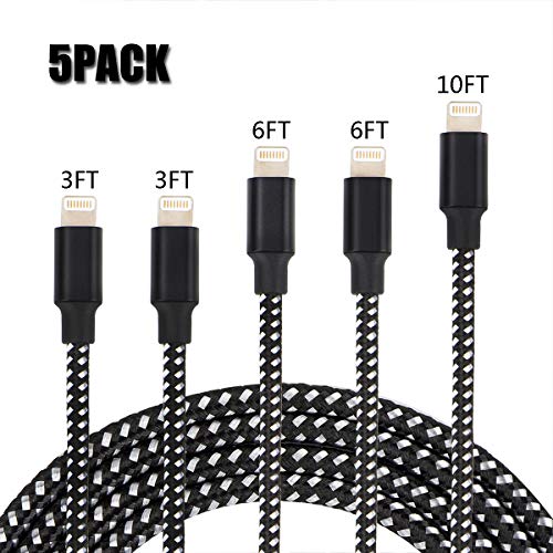 5 Pack (3ft, 3ft, 6ft, 6ft, 10ft) Nylon Braided Charging Cables USB & Syncing Charger Cord Compatible with Phone Xs MAX/X/ XR/8/8 Plus / 7/7 Plus / 6s / 6s Plus /5 / 5s White with Black
