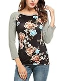 Meaneor Women Contrast Color Raglan Sleeve Paneled Tee Shirt Floral Tops Blouse