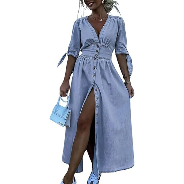 Denim Dress Women Jean Dress Sexy Neck Botton Down es Bodycon