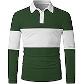 Mens Fashion Long Sleeve Polo Shirts Casual Golf Shirts Color Block Cotton Top