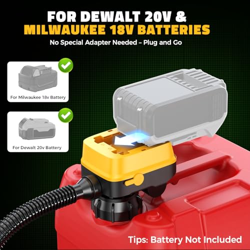 DIYtoolifz Cordless Fuel Transfer Pump with Auto-Stop, 3.2 GPM Flow Portable Fuel Pump Compatible with DeWalt 20V & Milwaukee 18V Batteries, with 41'' Hose, 3 Adapters for Diesel, Gasoline (Bare Tool)