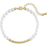 vevelota Dainty Pearl Bracelet for Women 14K Gold Plated Stackable Beaded Link Chain with Simulated Pearl Trendy Handmade Jewelry