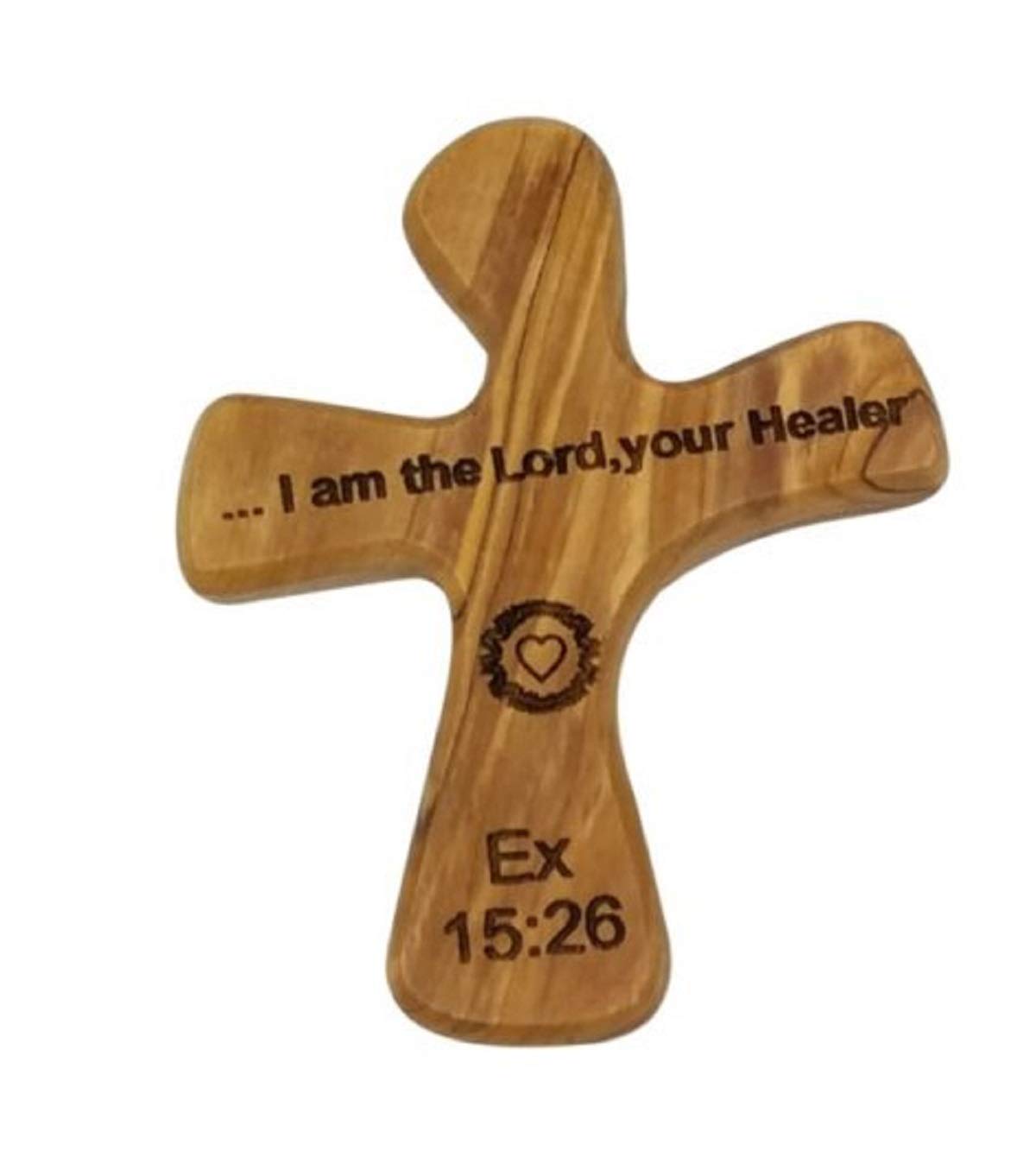 LION OF JUDAH MARKET Olive Wood Prayer Cross: Handheld cross that fits perfectly in your hand (I am the Lord your healer)