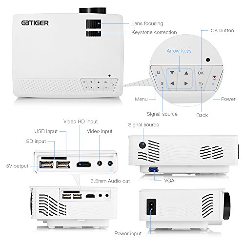 Mini Projector, GBTIGER 2000 Lumens Portable Home LED Projector Support Full HD 1080P 800 x 480 Pixels Multimedia Home Theater Movie Game Video Projector with VGA HDMI USB Port (White)