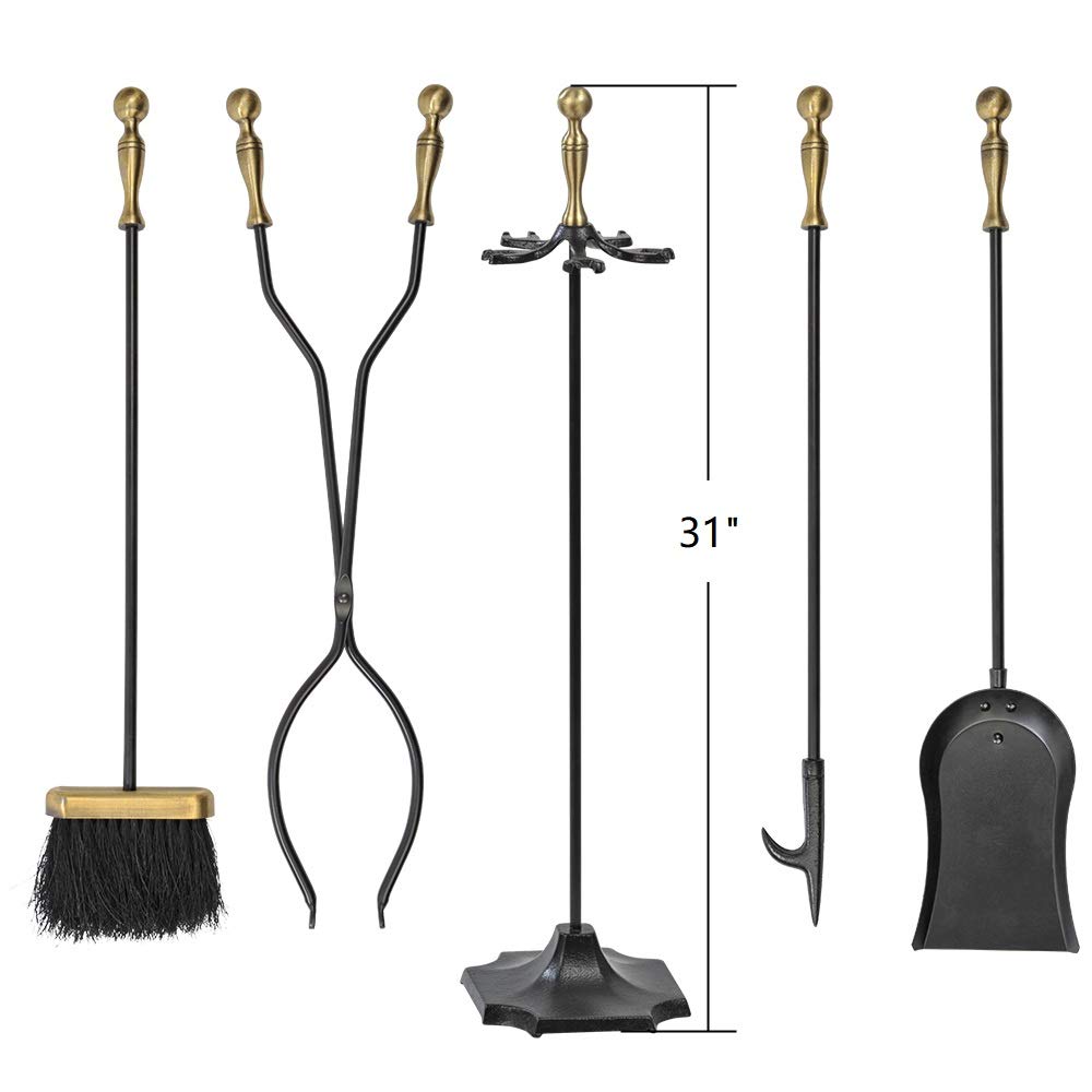 5 Pieces Fireplace Tools Sets Brass Handles Wrought Iron Fire Place